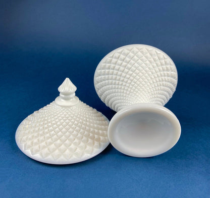 Milk Glass Bowl with Lid. Diamond Pattern, Cone Shaped Bowl with Cover. Trinket Compote for Dresser Top, Bathroom Accesories, Candy Dish.
