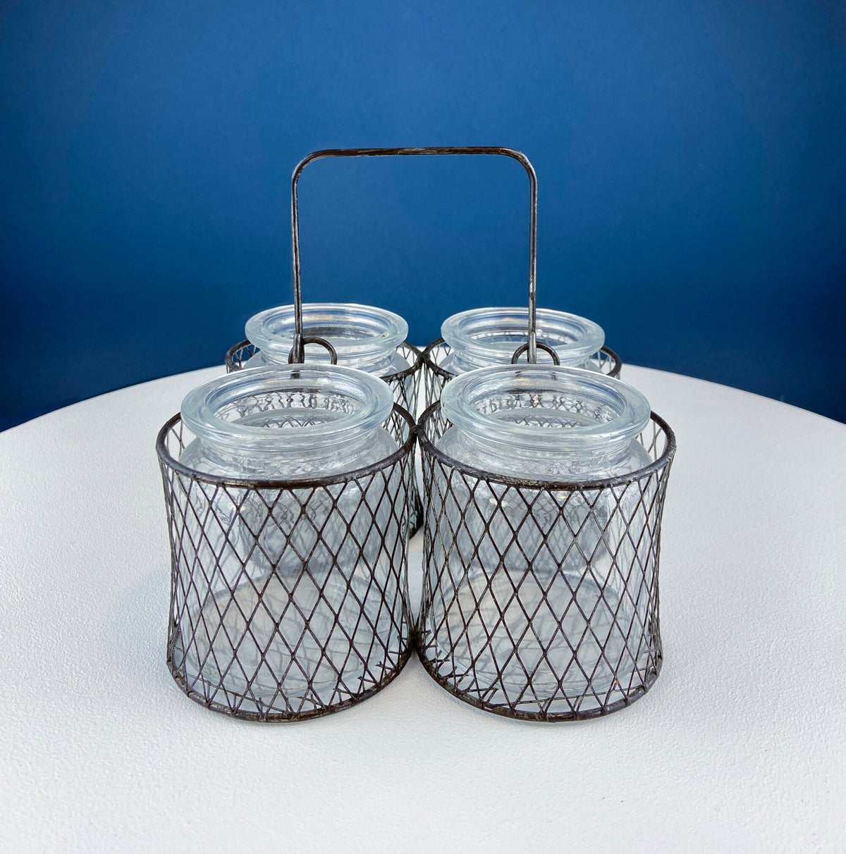 Collection of Rustic, Clear Glass Jars & Bottles with Metal Wire Baskets. Three Sets of Flower Vases or Candle Holders. Modern Farmhouse.