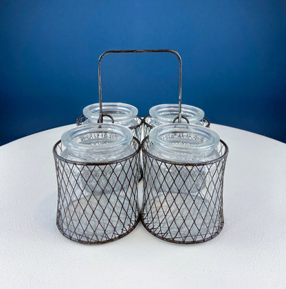 Collection of Rustic, Clear Glass Jars & Bottles with Metal Wire Baskets. Three Sets of Flower Vases or Candle Holders. Modern Farmhouse.