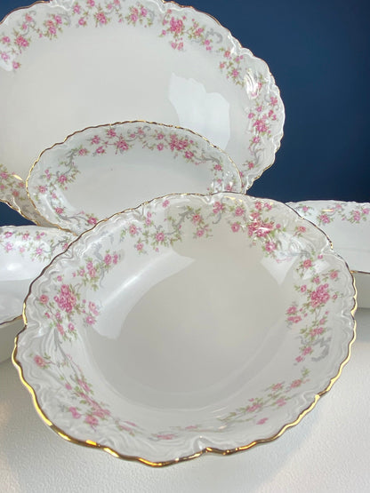 Antique Porcelain Serving Dishes. Set of Five Hutschenreuter Platters and Bowls with Pink Rose Garlands Motif.