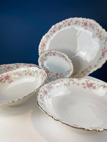 Antique Porcelain Serving Dishes. Set of Five Hutschenreuter Platters and Bowls with Pink Rose Garlands Motif.