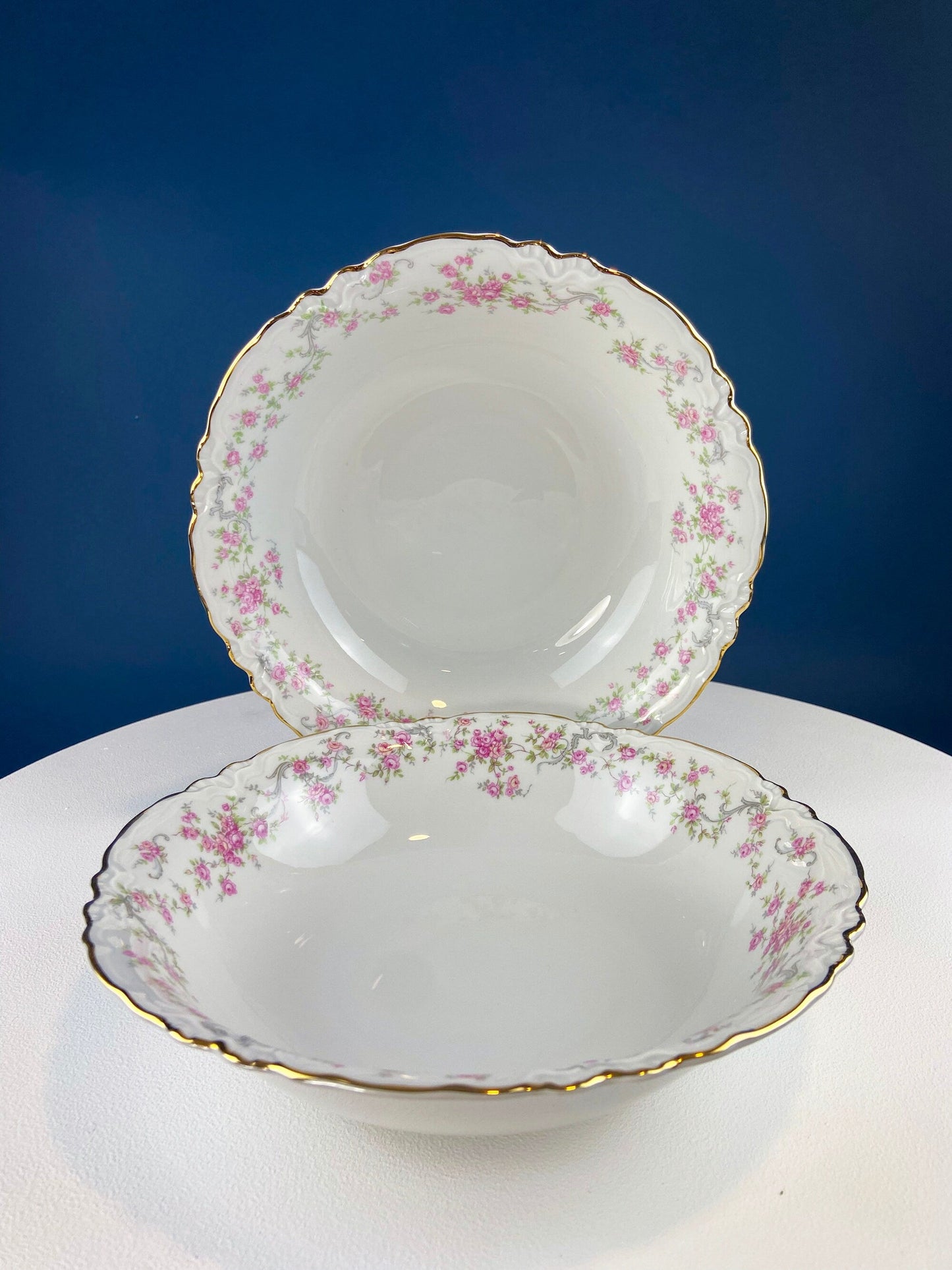 Antique Porcelain Serving Dishes. Set of Five Hutschenreuter Platters and Bowls with Pink Rose Garlands Motif.