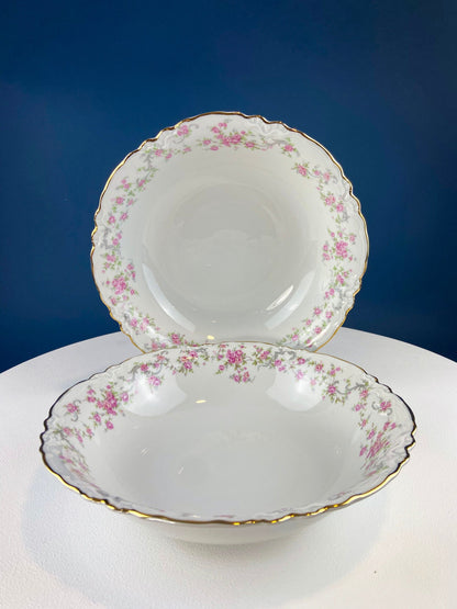 Antique Porcelain Serving Dishes. Set of Five Hutschenreuter Platters and Bowls with Pink Rose Garlands Motif.