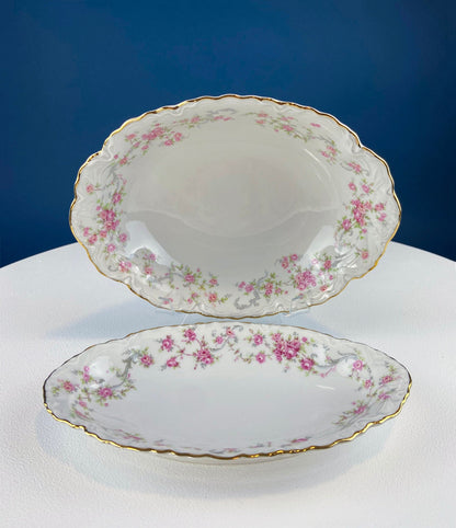 Antique Porcelain Serving Dishes. Set of Five Hutschenreuter Platters and Bowls with Pink Rose Garlands Motif.