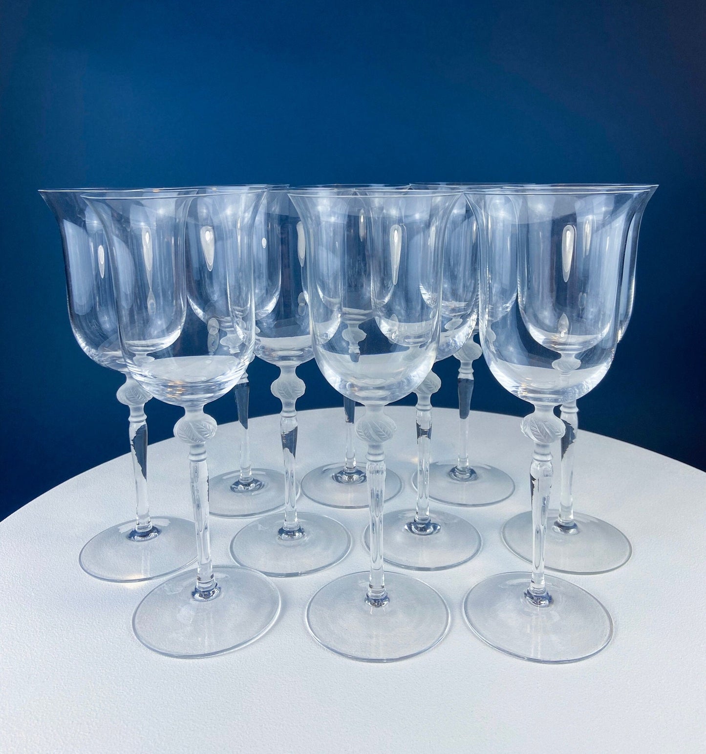 Clear Crystal Wine or Water Goblets with Frosted Leaf Ball on the Stems. Stunning Sasaki Isabelle 9" Glassware. Long Ping. Set Of 10.