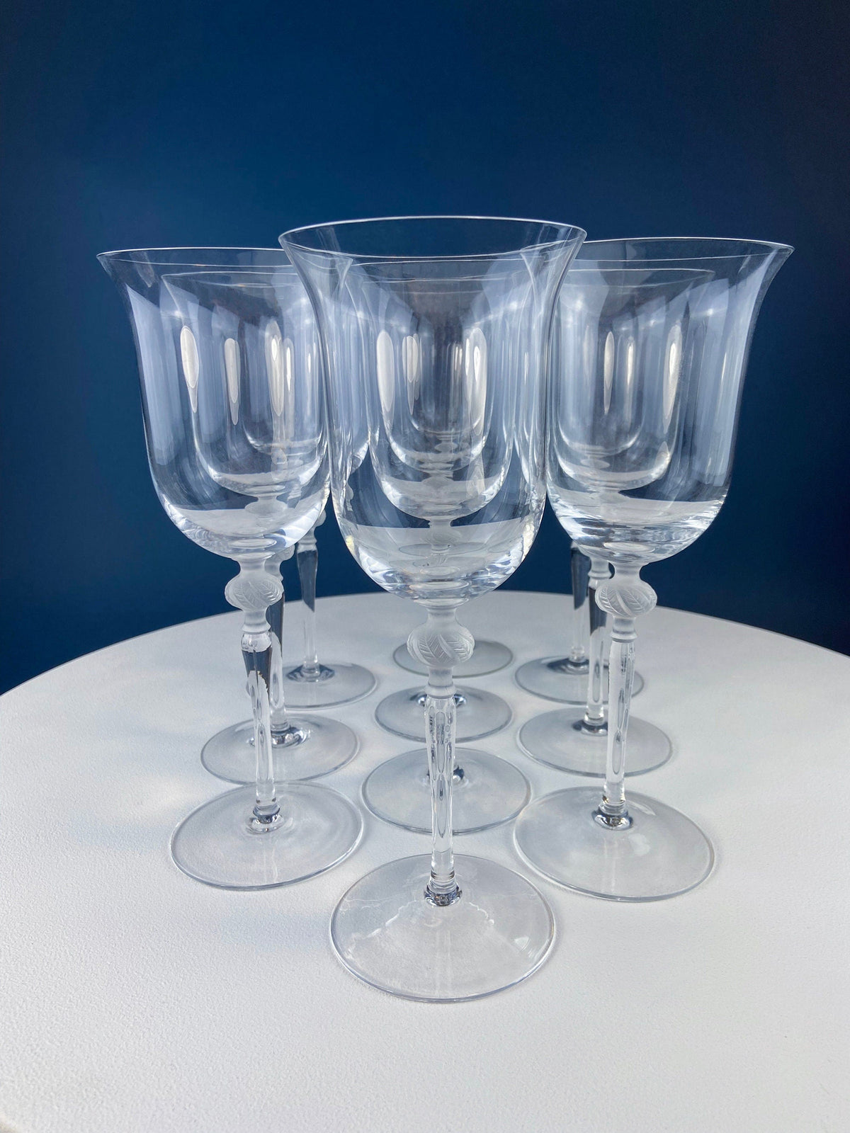 Clear Crystal Wine Goblets with Frosted Leaf Ball on the Stems. Stunning Sasaki Isabelle 8" Glassware. Long Ping. Set Of 10.
