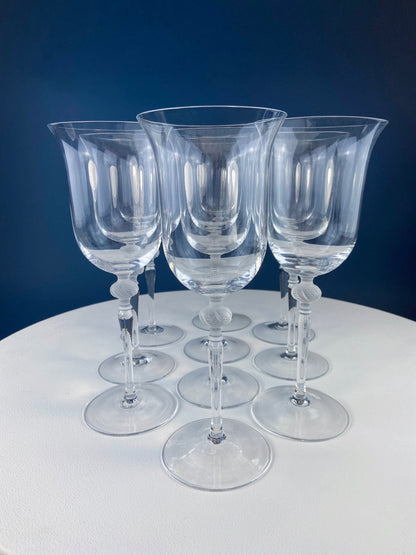 Clear Crystal Wine Goblets with Frosted Leaf Ball on the Stems. Stunning Sasaki Isabelle 8" Glassware. Long Ping. Set Of 10.