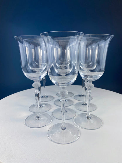Clear Crystal Wine or Water Goblets with Frosted Leaf Ball on the Stems. Stunning Sasaki Isabelle 9" Glassware. Long Ping. Set Of 10.