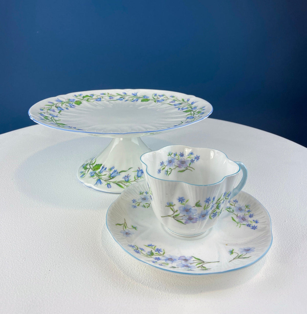 Antique Shelley Cup and Saucer with Begonia Motif . Beautiful, Fine Porcelain. Colorful Flowers and Blue Handle. French Country Living.