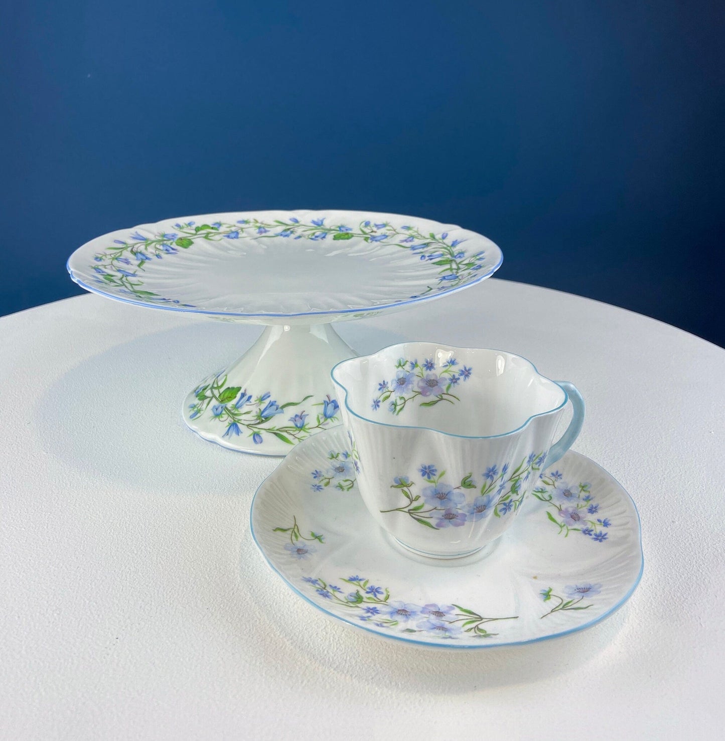 Antique Shelley Porcelain Cup and Saucer: Blue Rock Floral Pattern