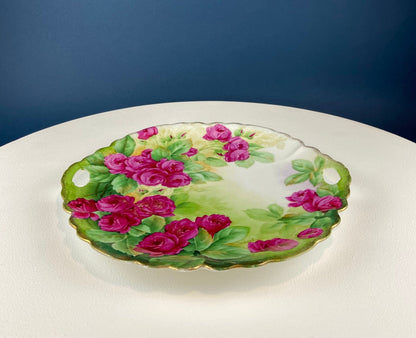 Antique Hand Painted Red Roses Serving or Decorative Plate. Luxurious Dining or Collectible Display. French Country Living. Wedding Gift.