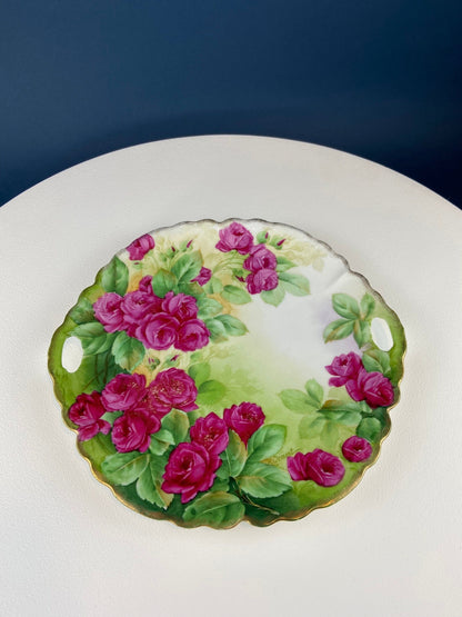 Antique 12" Serving or Decorative Plate. Hand Painted Pink Roses.  Dining Room Wall Decor or Collectible Display. Wedding Registry Gift.