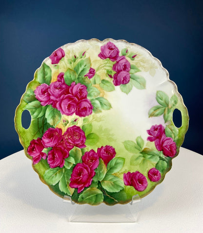Antique Hand Painted Red Roses Serving or Decorative Plate. Luxurious Dining or Collectible Display. French Country Living. Wedding Gift.