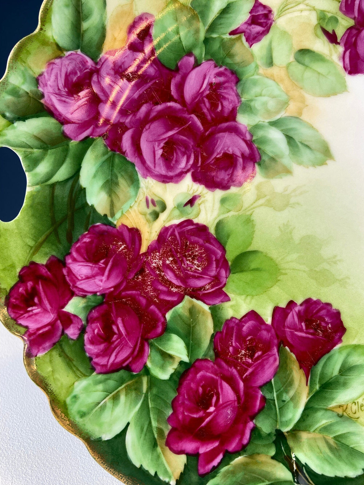 Antique Hand Painted Red Roses Serving or Decorative Plate. Luxurious Dining or Collectible Display. French Country Living. Wedding Gift.