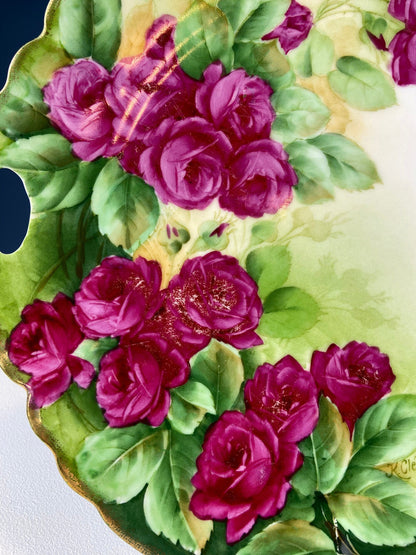 Antique Hand Painted Red Roses Serving or Decorative Plate. Luxurious Dining or Collectible Display. French Country Living. Wedding Gift.