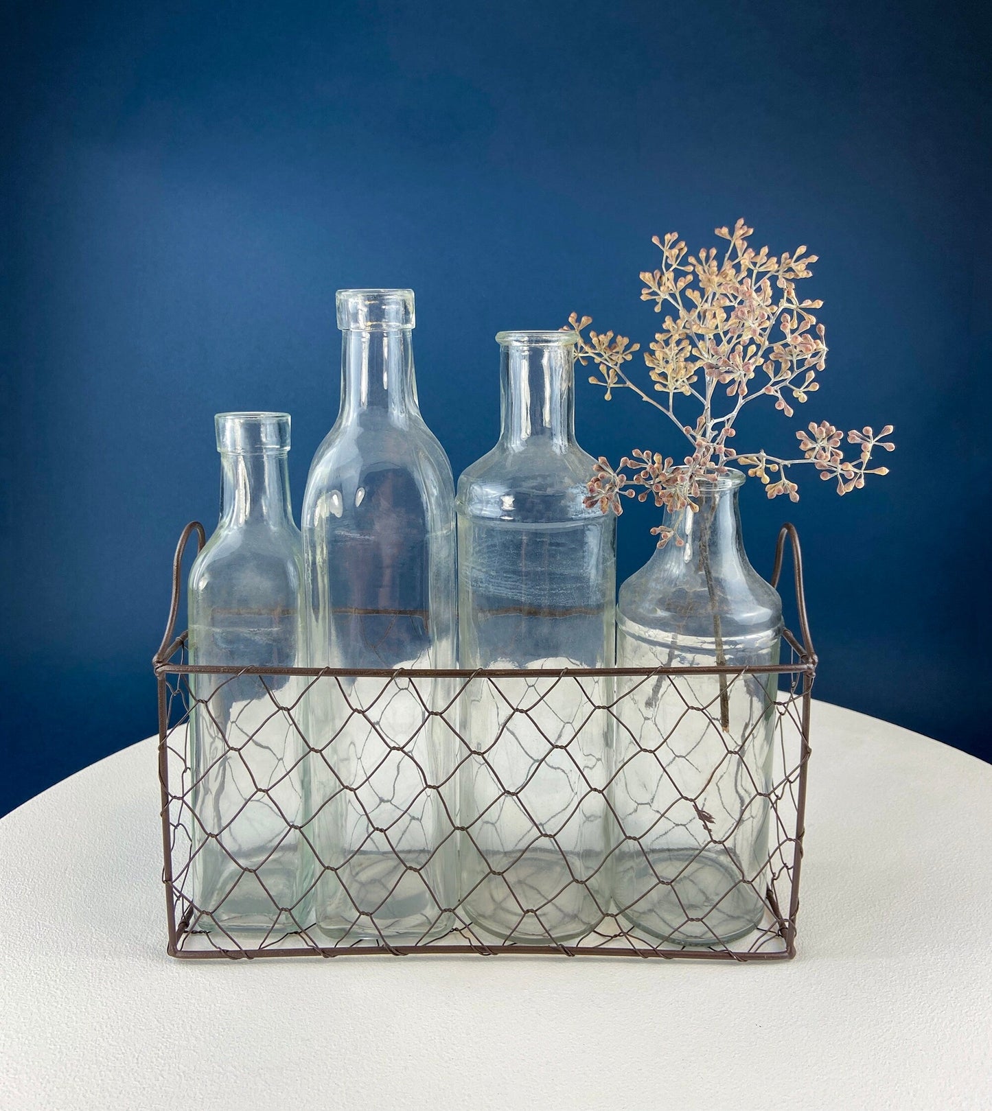 Collection of Rustic, Clear Glass Jars & Bottles with Metal Wire Baskets. Three Sets of Flower Vases or Candle Holders. Modern Farmhouse.