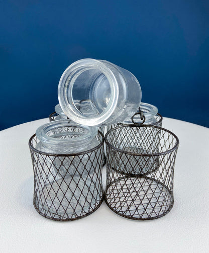Collection of Rustic, Clear Glass Jars & Bottles with Metal Wire Baskets. Three Sets of Flower Vases or Candle Holders. Modern Farmhouse.