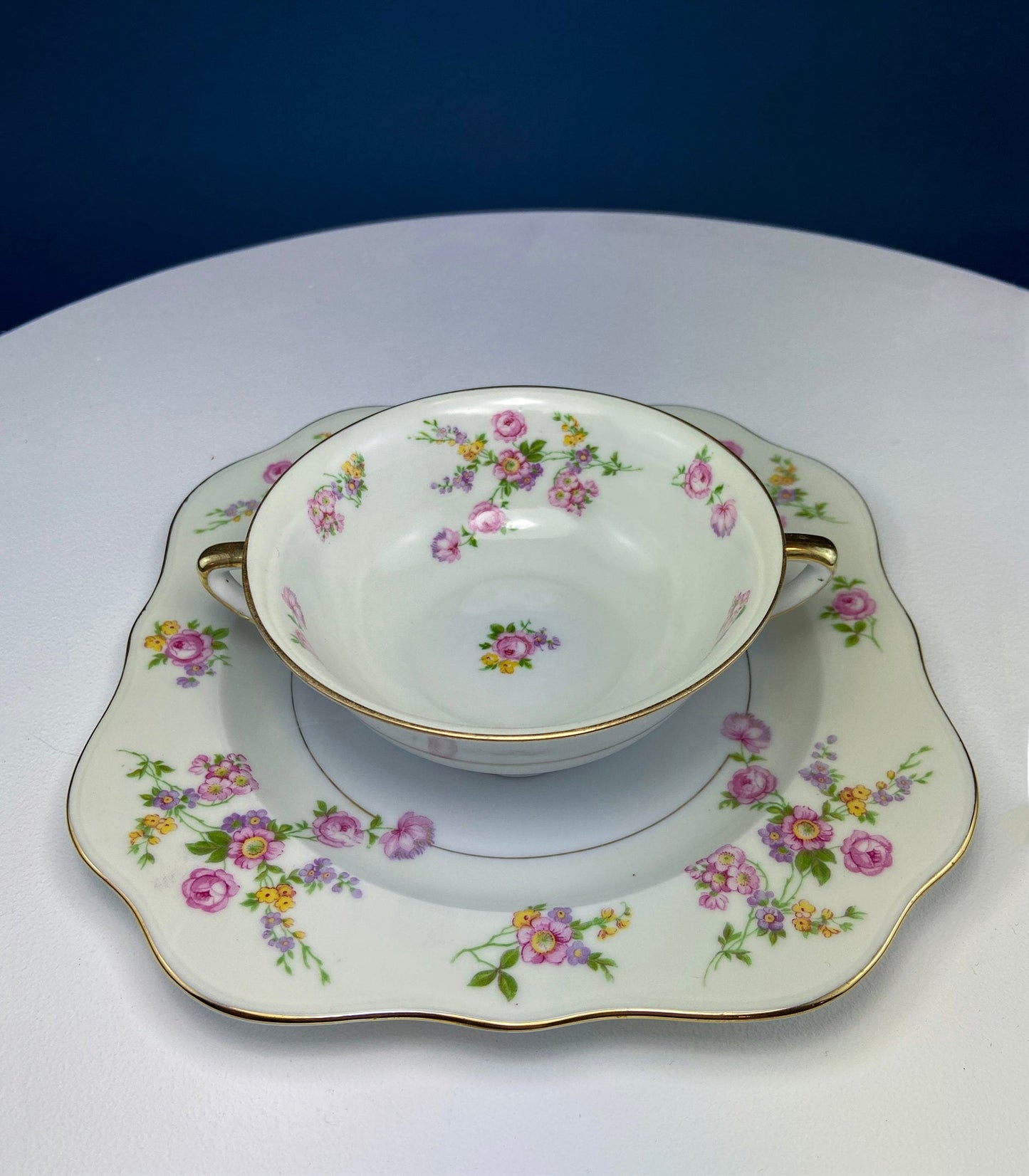Antique Porcelain Bullion Bowls with Matching Square, 8.5" Dinner Plates. Set of 6. Flower Garlands, Sylvia by F&B Baronet China, Bohemia.