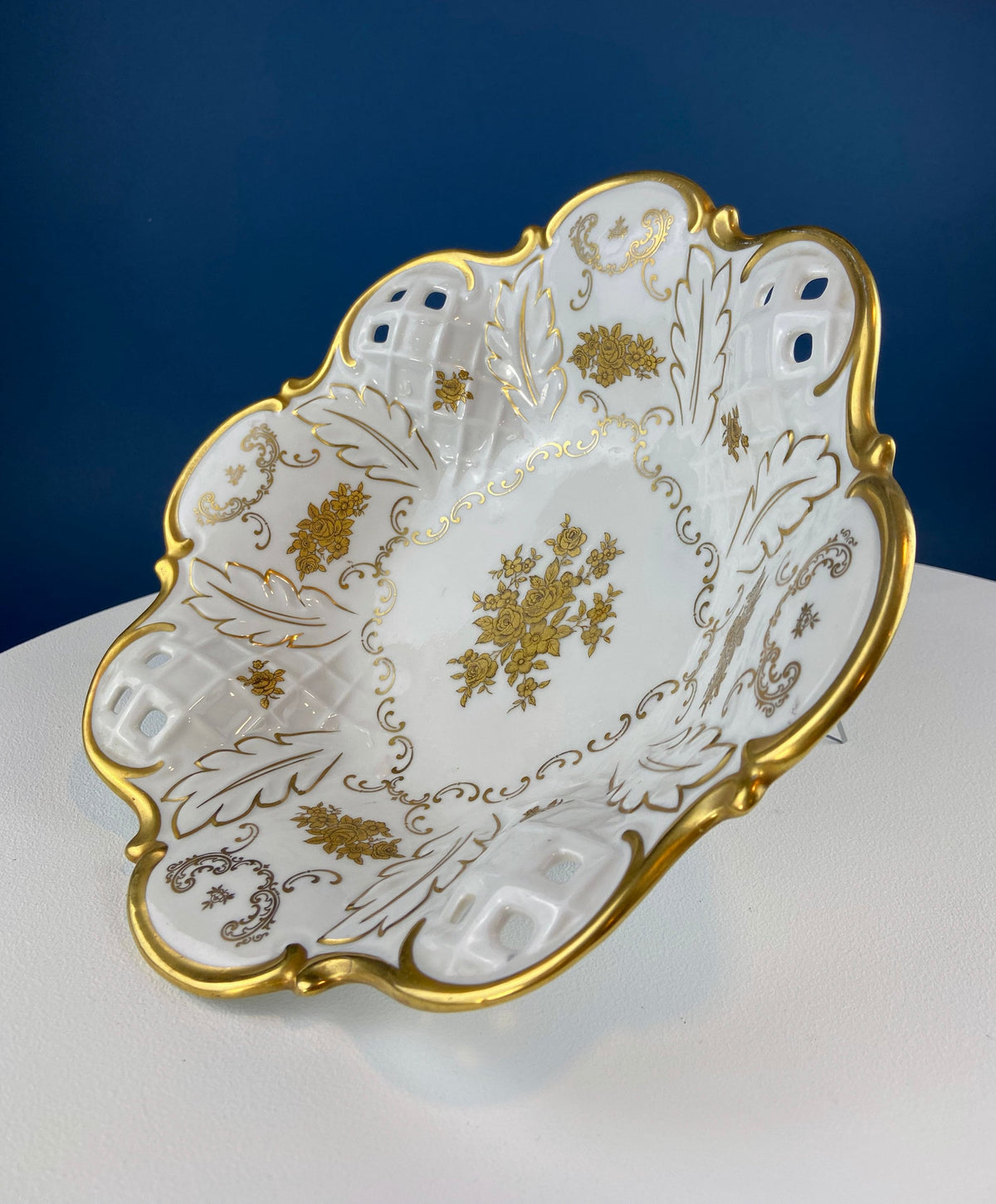 Antique Rosenthal Bowl: White & Gold Porcelain, Scalloped Rim