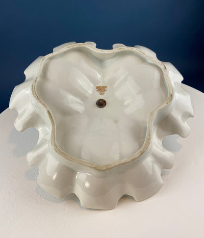 Antique Limoges Porcelain Divided Bowl: Gold Floral Motif, Scalloped Rim