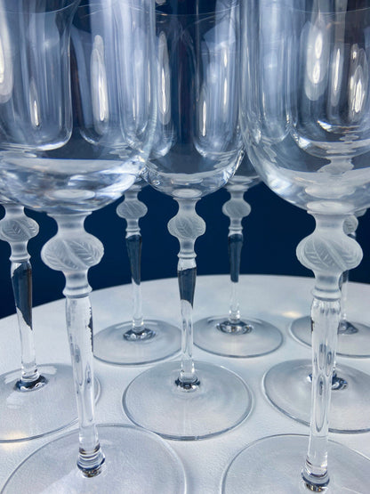 Clear Crystal Wine Goblets with Frosted Leaf Ball on the Stems. Stunning Sasaki Isabelle 8" Glassware. Long Ping. Set Of 10.