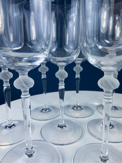 Clear Crystal Wine or Water Goblets with Frosted Leaf Ball on the Stems. Stunning Sasaki Isabelle 9" Glassware. Long Ping. Set Of 10.