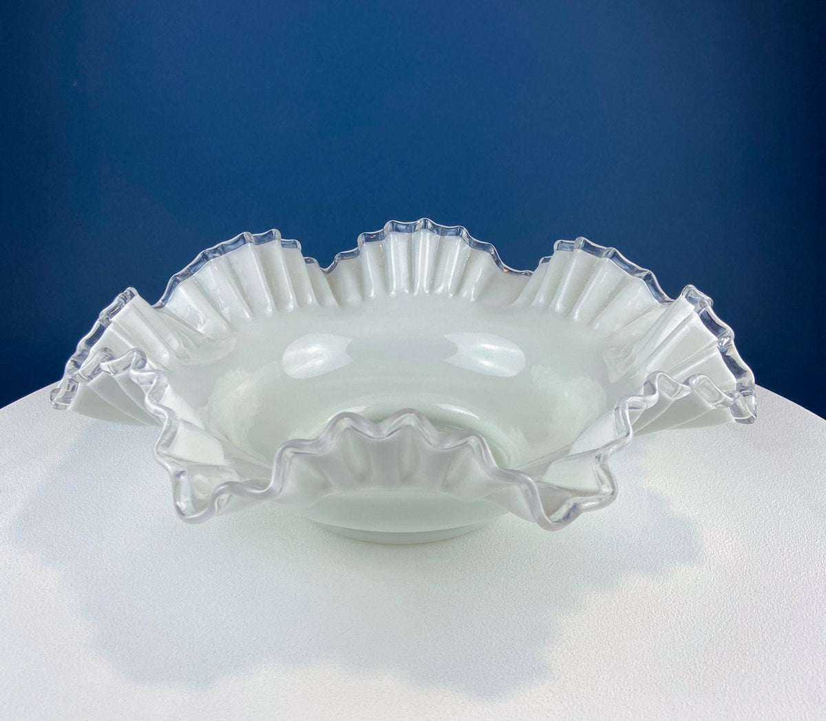 Silvercrest Bowl with Ruffled Edge. White Glass Fruit Bowl or Serving Dish with Clear Brim. Table Centerpiece. Serviceware. Wedding Gift.