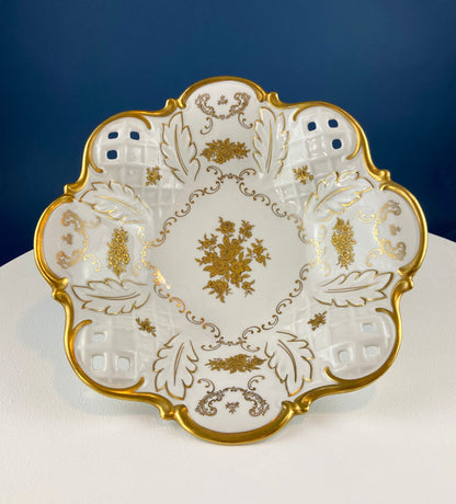 Antique Limoges Porcelain Divided Bowl: Gold Floral Motif, Scalloped Rim