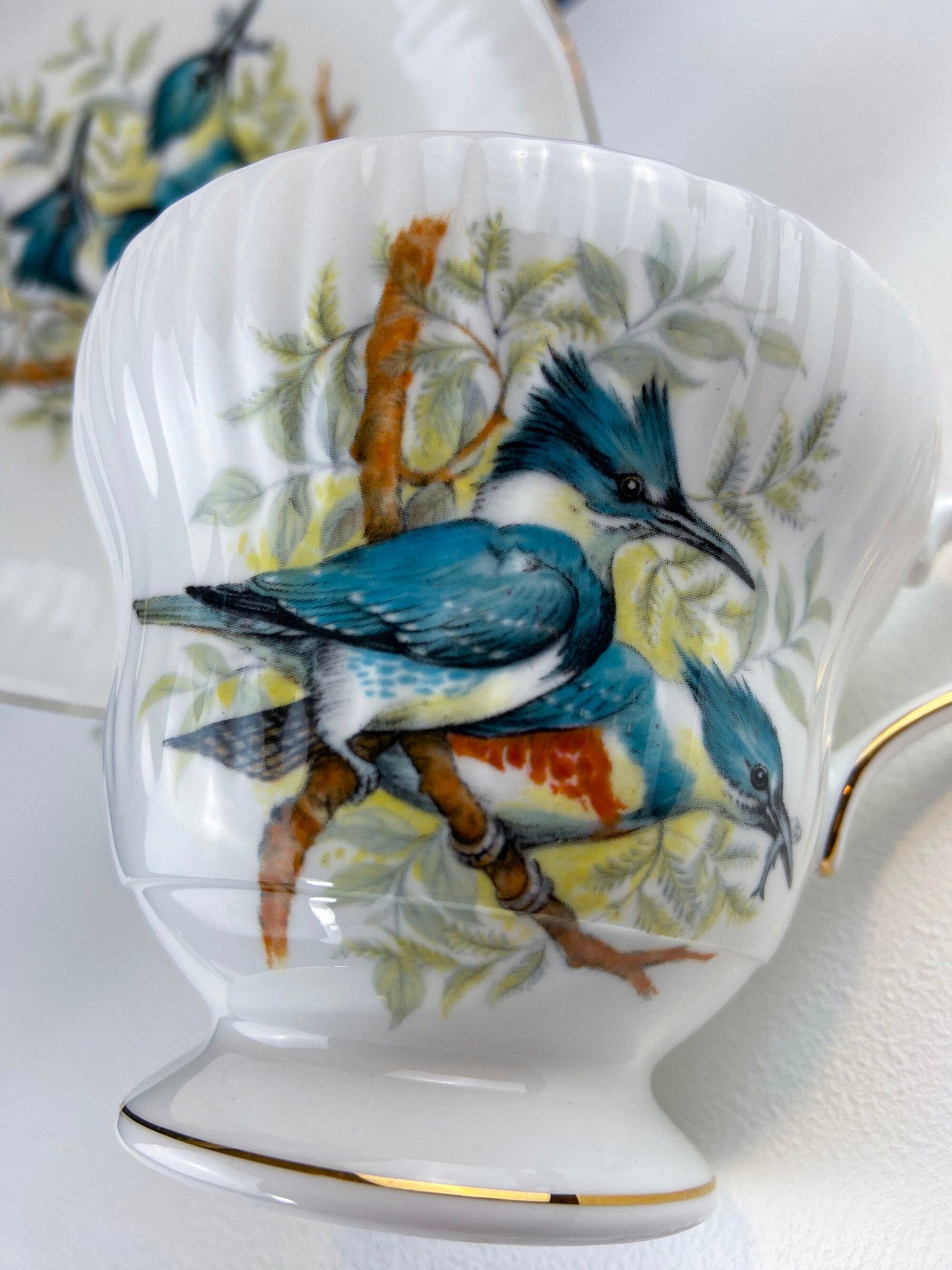 Vintage Cup and Saucer with Blue Birds. Queens's Fine Bone China. Birds of America. Pair of Kingfishers. Gift for Dad, Fisherman, Bird Lover