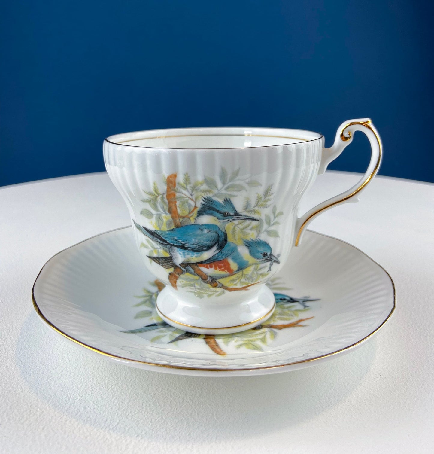Vintage Cup and Saucer with Blue Birds. Queens's Fine Bone China. Birds of America. Pair of Kingfishers. Gift for Dad, Fisherman, Bird Lover