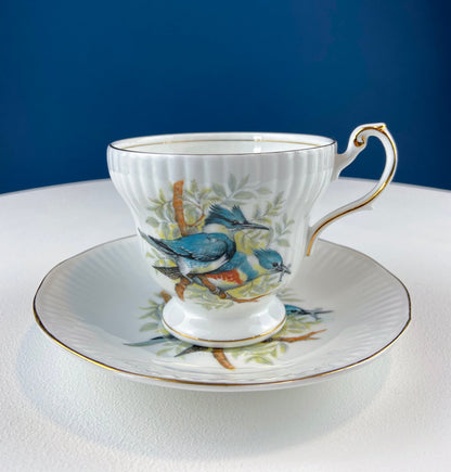 Vintage Cup and Saucer with Blue Birds. Queens's Fine Bone China. Birds of America. Pair of Kingfishers. Gift for Dad, Fisherman, Bird Lover