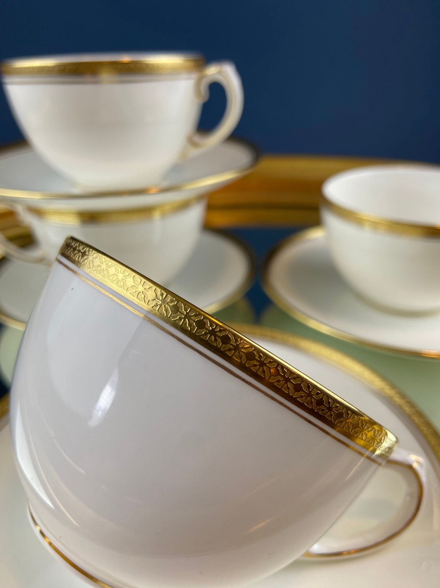 Coalport Elite White Cup and Saucer: Gold Rim Wedding Band China