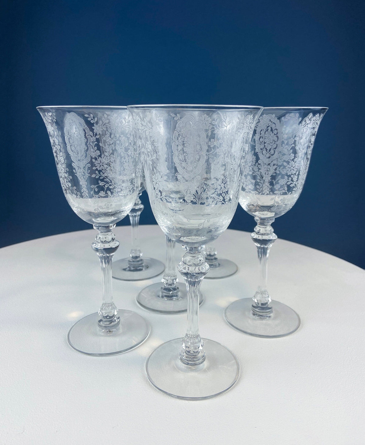 Tiffin-Franciscan Wine Goblets. Etched June Night Pattern. Collectible Stemware. Set of 6. Modern Farmhouse. French Country. House Beautiful