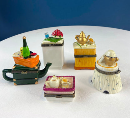 Miniature Porcelain Pill Boxes Shaped Like Dining Vignettes. Collection of 5. Hand Painted Collectible Ring Boxes. Gift for Her.