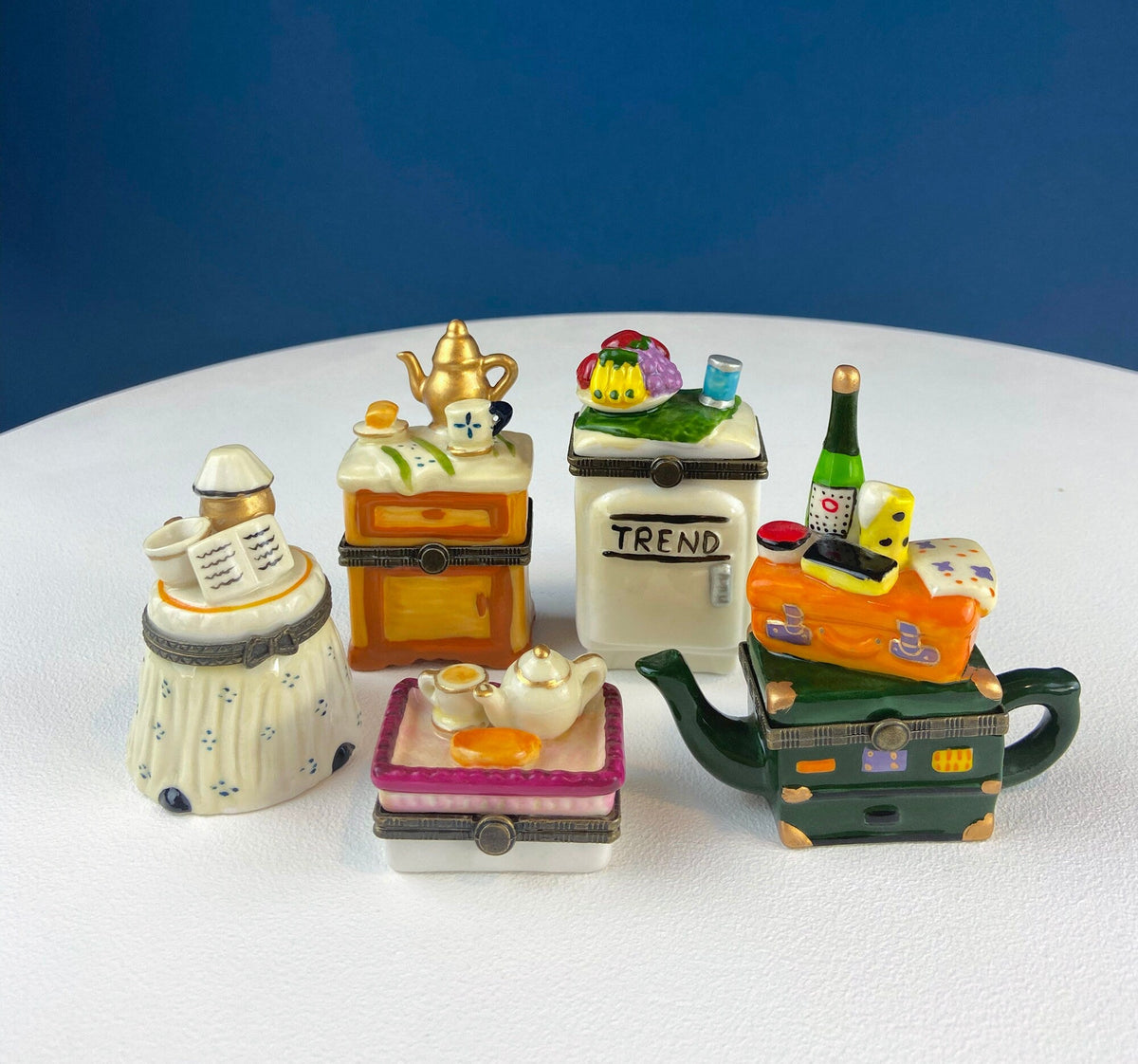 Miniature Porcelain Pill Boxes Shaped Like Dining Vignettes. Collection of 5. Hand Painted Collectible Ring Boxes. Gift for Her.
