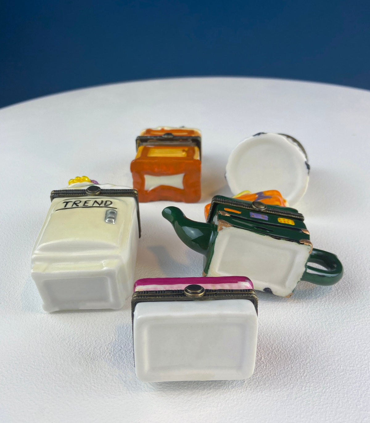 Miniature Porcelain Pill Boxes Shaped Like Dining Vignettes. Collection of 5. Hand Painted Collectible Ring Boxes. Gift for Her.