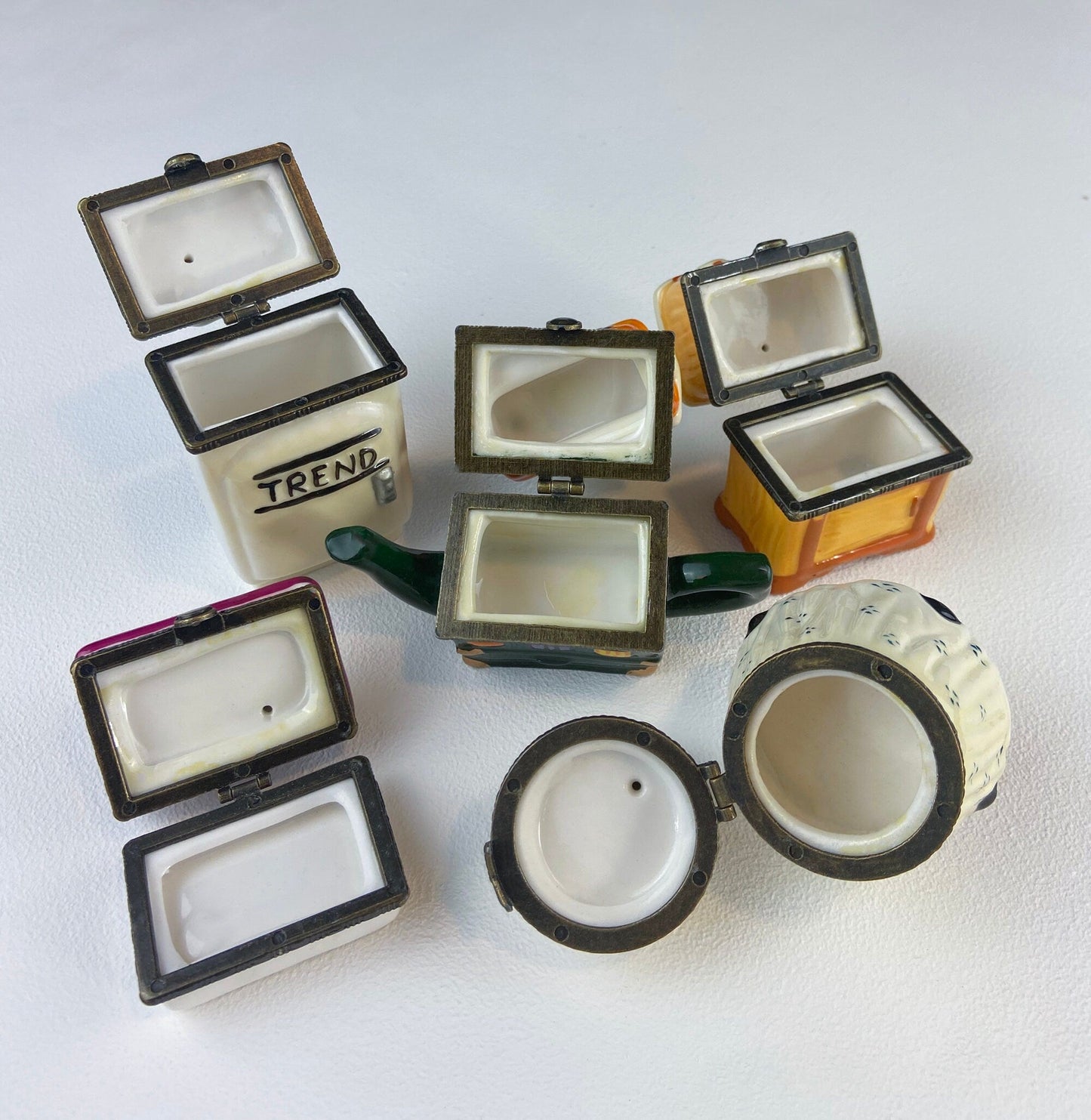 Miniature Porcelain Pill Boxes Shaped Like Dining Vignettes. Collection of 5. Hand Painted Collectible Ring Boxes. Gift for Her.