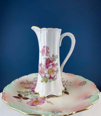 Tall, 11-Inch Antique Hand Painted Hot Chocolate Pot. Stunning Peach Color Roses. Collectible Fine Bone China. Bohemian Chic.