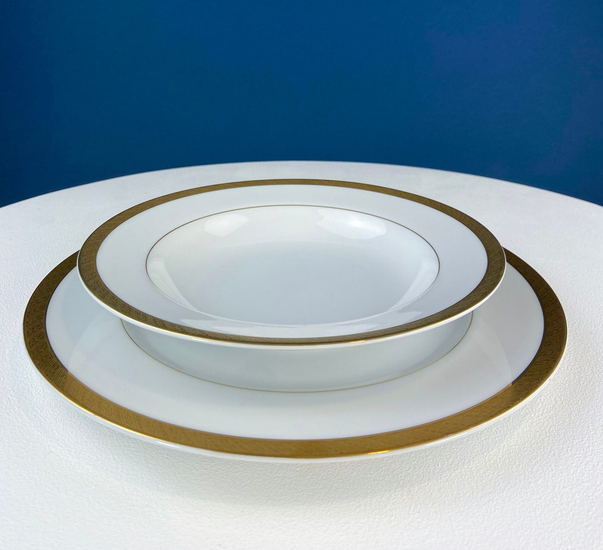 White & Gold Dish Set. Wedding Band China. Sango Spun Gold. Dinner, Salad or Dessert, Soup Plates, Sugar Bowl, Serving Dishes.