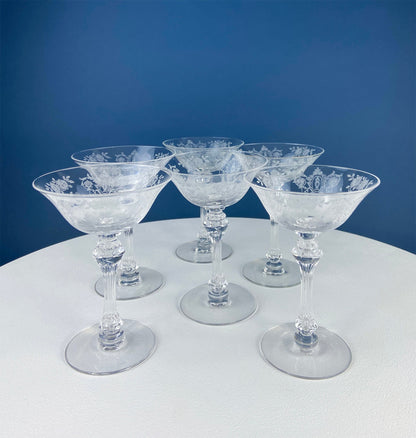 Vintage Tiffin Franciscan Champagne Stemware. Cherokee Rose Motif. Set of 8 Stunning Etched Champagne Glasses. Fine Dining. Fancy Barware.