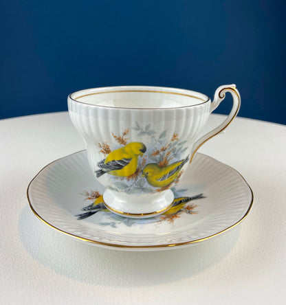 Vintage Cup and Saucer with Blue Birds. Queens's Fine Bone China. Birds of America. Pair of Kingfishers. Gift for Dad, Fisherman, Bird Lover
