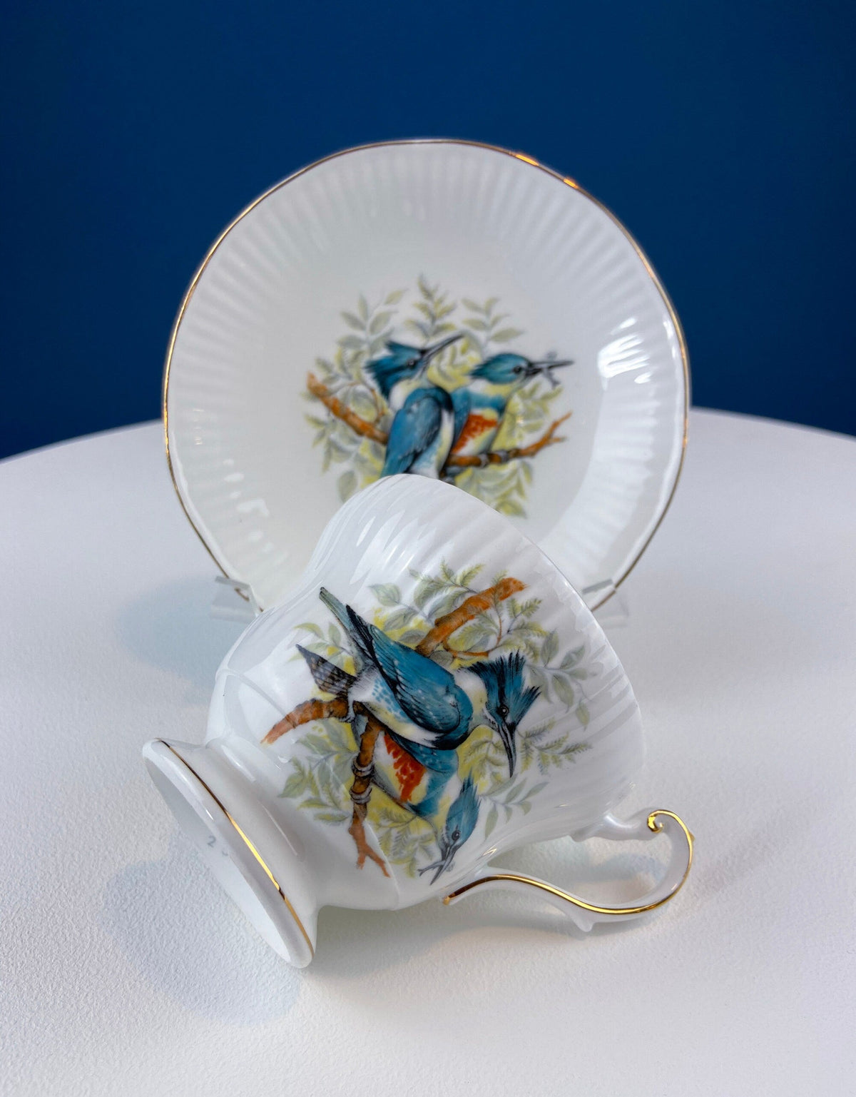 Vintage Cup and Saucer with Blue Birds. Queens's Fine Bone China. Birds of America. Pair of Kingfishers. Gift for Dad, Fisherman, Bird Lover