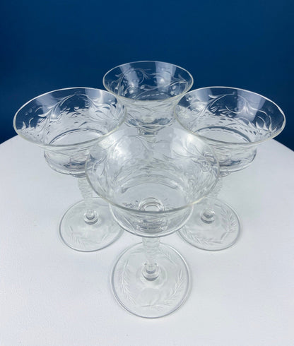 Vintage Champagne Tall Sherbets by Newton Crystal Co. 3365-3. Blown Glass. Swirl Optic & Cut Floral Motif. Set of 4 Glasses. Wedding Gift.