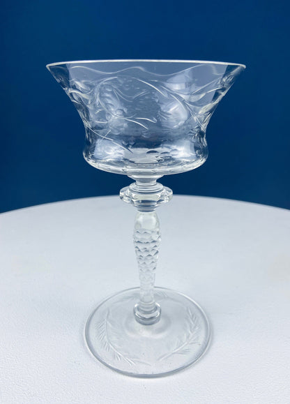 Vintage Champagne Tall Sherbets by Newton Crystal Co. 3365-3. Blown Glass. Swirl Optic & Cut Floral Motif. Set of 4 Glasses. Wedding Gift.