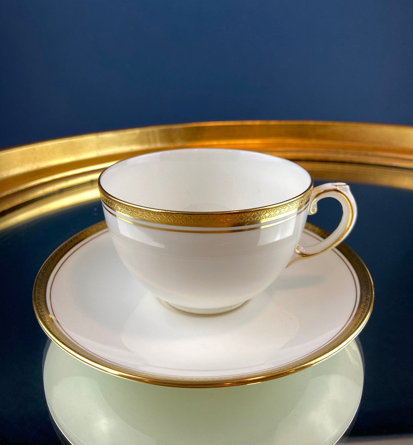Contemporary Noritake White Cup and Saucer with Gold Rim. Classic Wedding Band China. Queen's Gold. Dining Room Decor. Minimal Design.