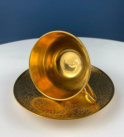 Gold on Gold Cup and Saucer by Wheeling, Germany, Paired with Stunning Gilded Hutschenreuther Serving Plate. Tea Set. Luxury Living.
