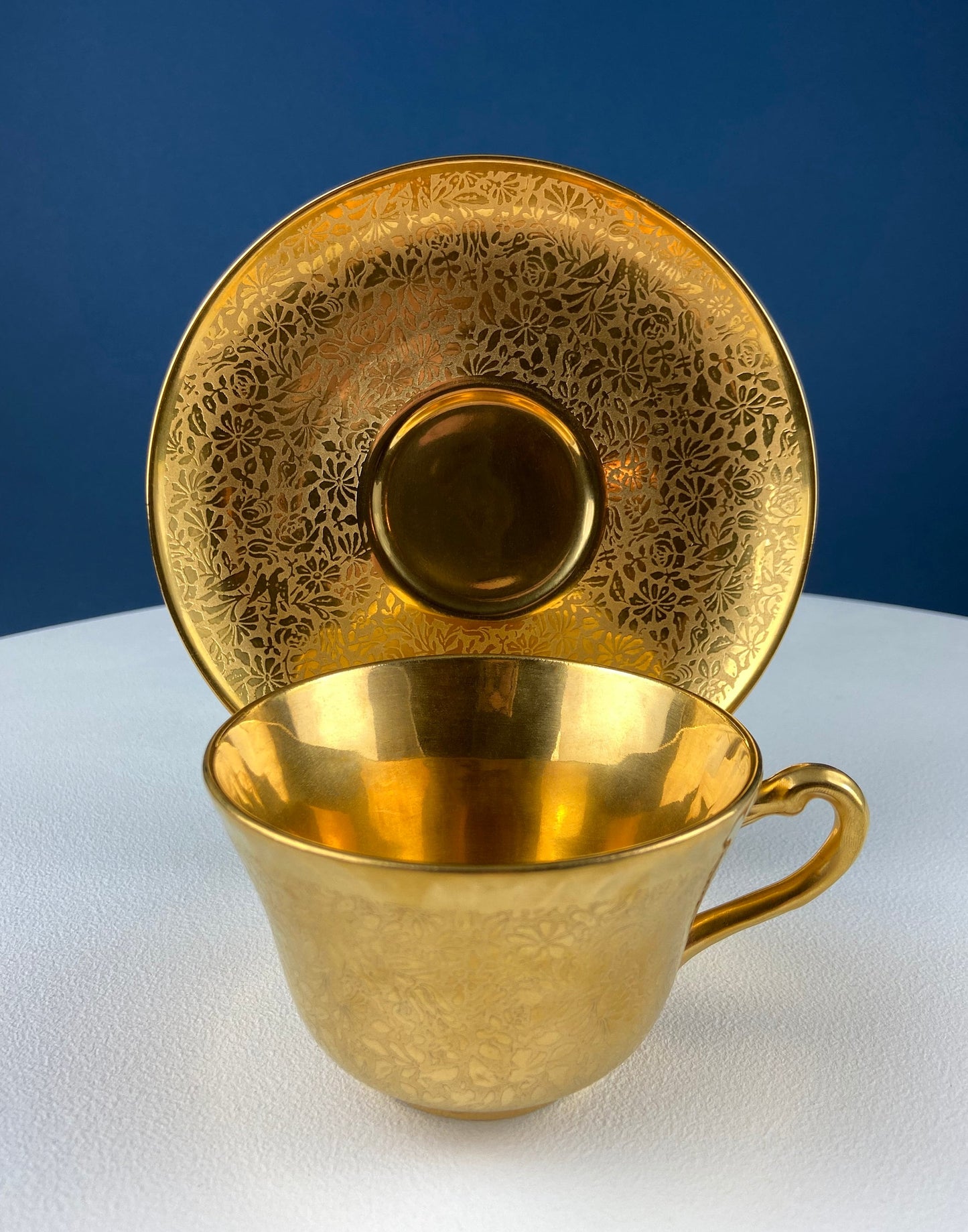 Gold on Gold Cup and Saucer by Wheeling, Germany, Paired with Stunning Gilded Hutschenreuther Serving Plate. Tea Set. Luxury Living.