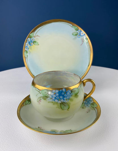 Antique Nippon Cup & Saucer Trio with Forget-Me-Not Motif. Hand Painted Porcelain. Collectible Porcelain.  Luxury Living.