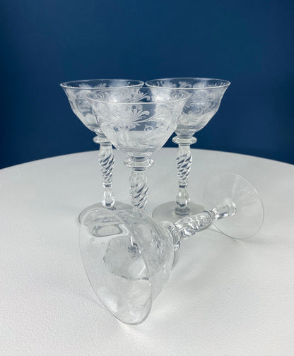 Tiffin Franciscan Sweet Wine Glasses. Set of Four Byzantine Etched Stemware. Floral Motif.
