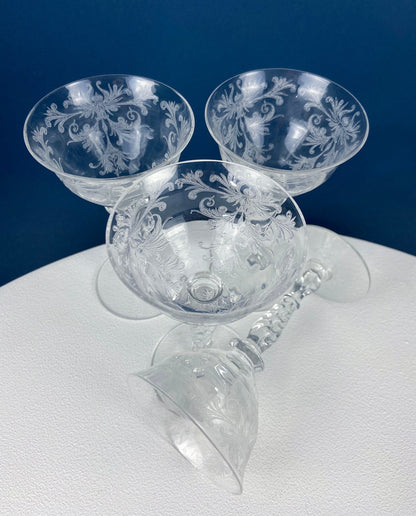 Tiffin Franciscan Sweet Wine Glasses. Set of Four Byzantine Etched Stemware. Floral Motif.